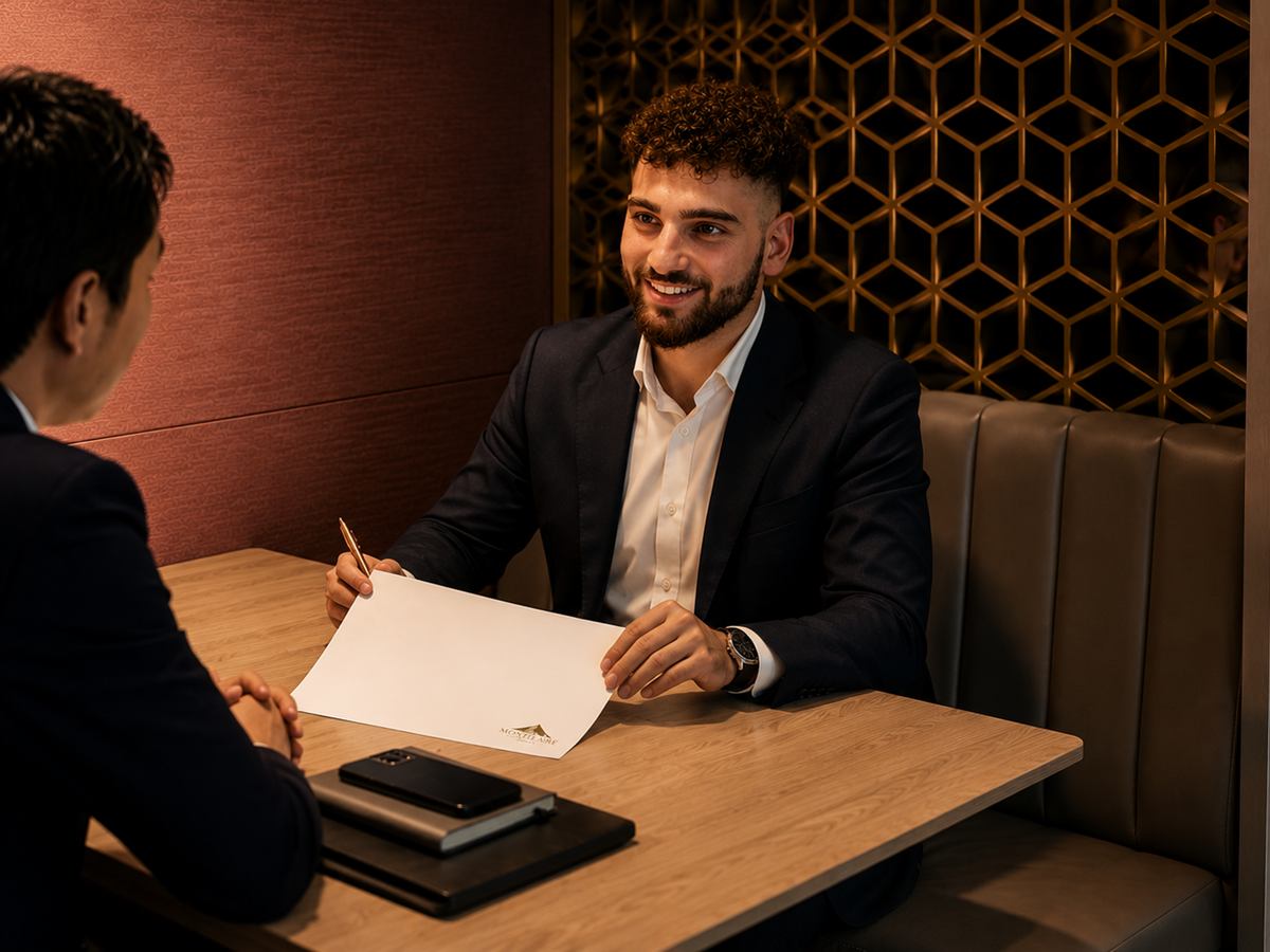 Simone Callari im Beratungsgespräch mit einem Kunden